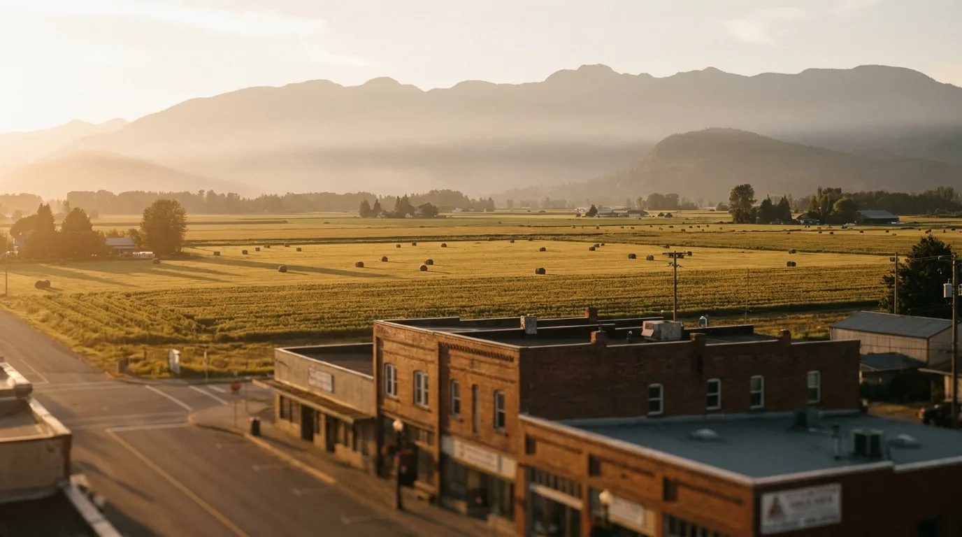 Abbotsford BC Fraser Valley farmland and small-town storefronts at golden hour