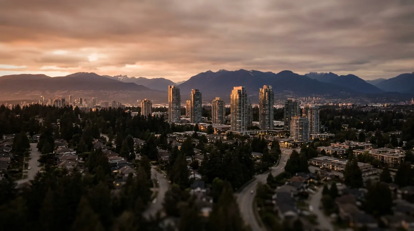 Elevated dusk view of Burnaby BC with Metrotown towers among evergreen streets