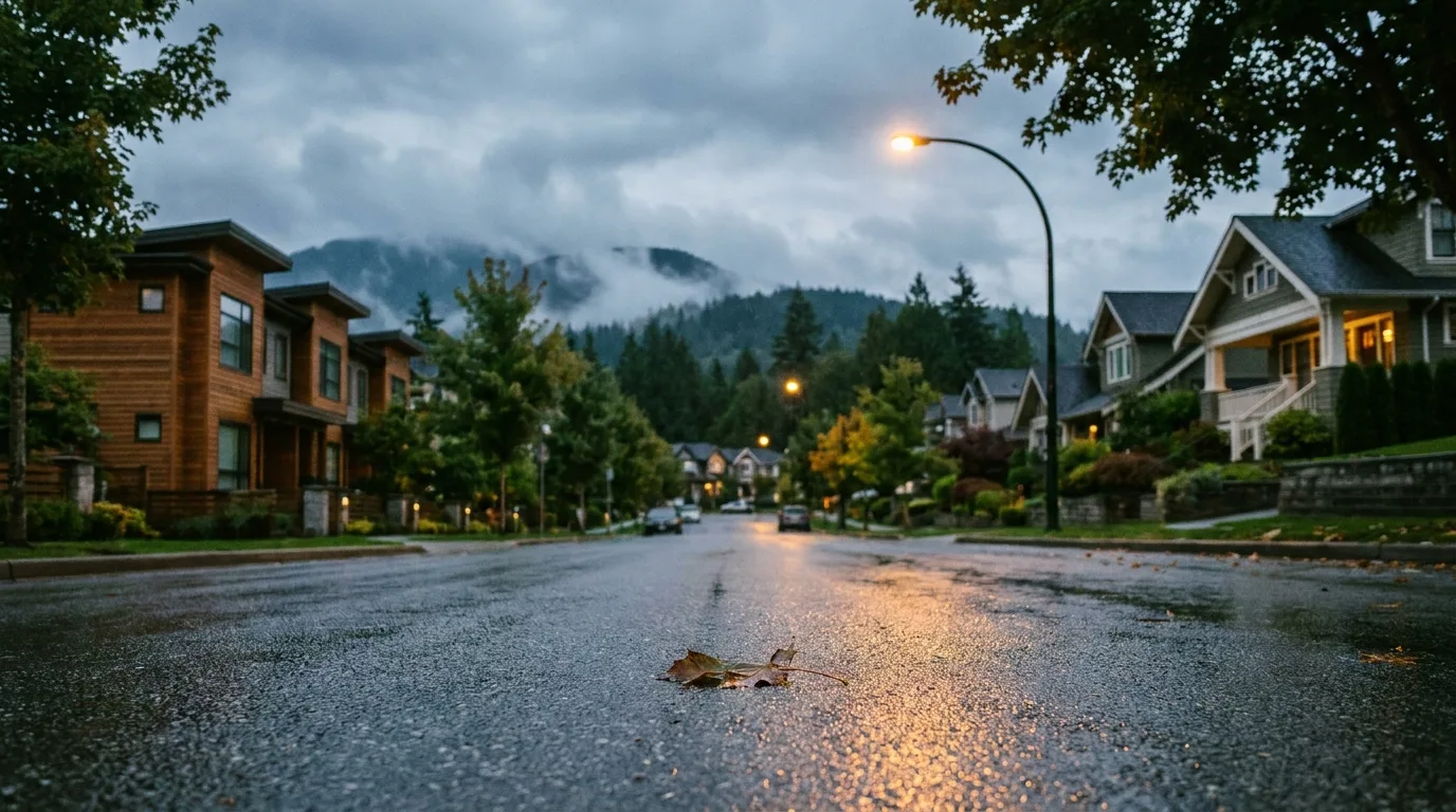 Tree-lined Coquitlam BC residential street at dusk with forested mountains behind