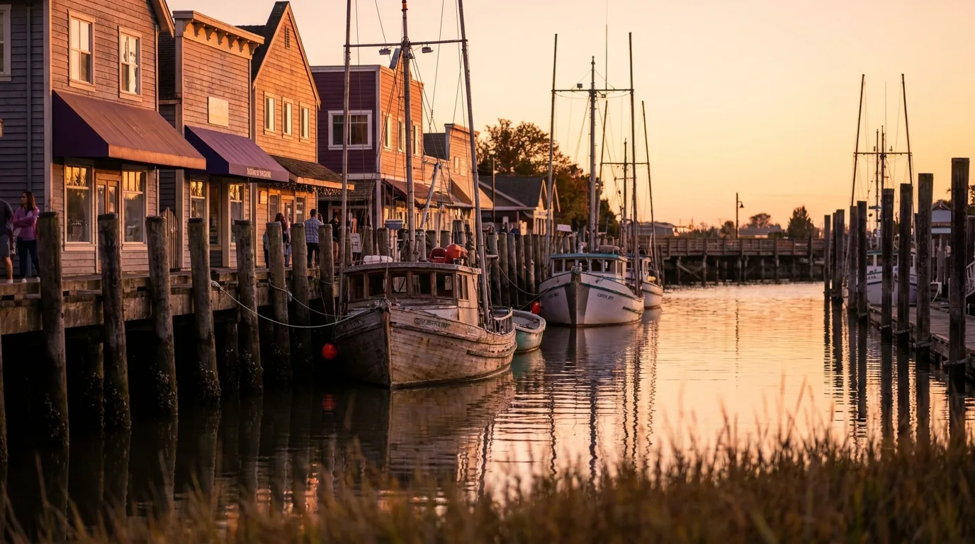 Ladner Village waterfront in Delta BC at golden hour with small fishing boats moored