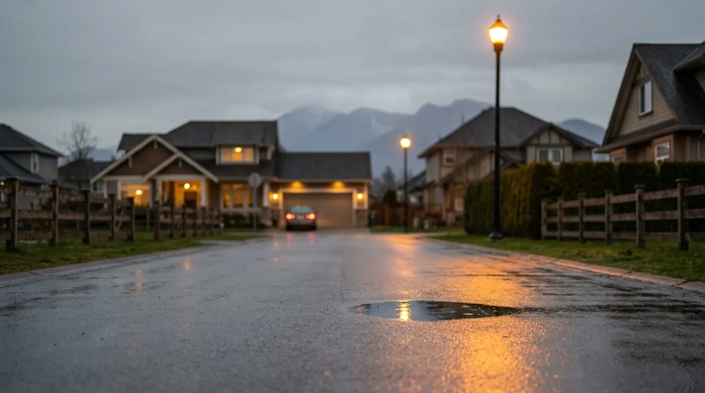 Quiet Langley BC residential street at dusk with Fraser Valley farmland and Golden Ears mountains behind