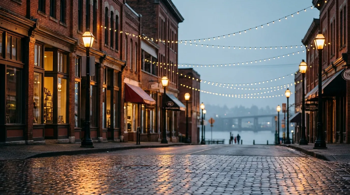 Historic Columbia Street in New Westminster BC at dusk with warm heritage storefront lighting