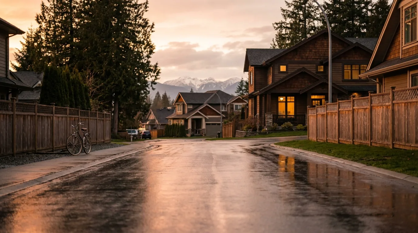 Quiet Surrey BC suburban street at golden hour after rain, cedar fences and Coast Mountains