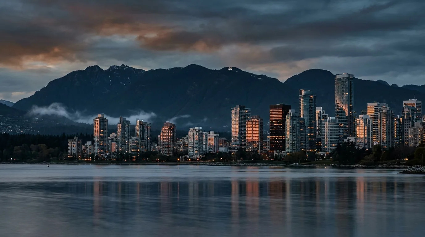 Vancouver BC skyline at dusk across calm water with the North Shore mountains behind