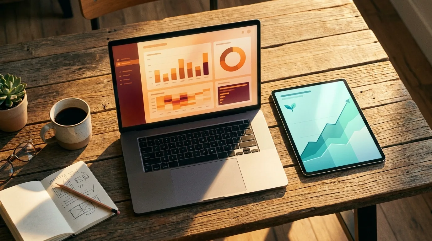 Laptop showing an ad-campaign dashboard beside a tablet showing a rising organic search growth graph, on a sunlit wood desk
