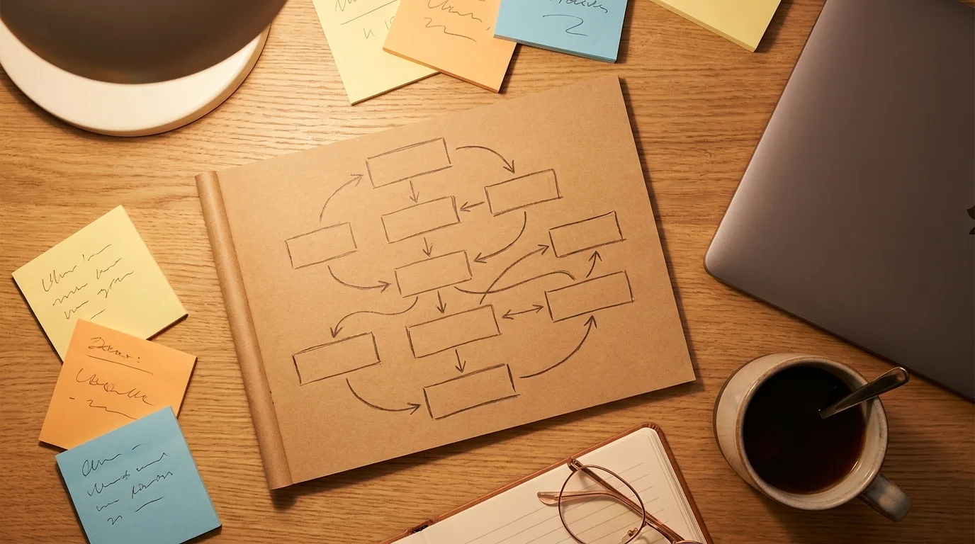 Hand-drawn flowchart on paper with sticky notes on a warm desk