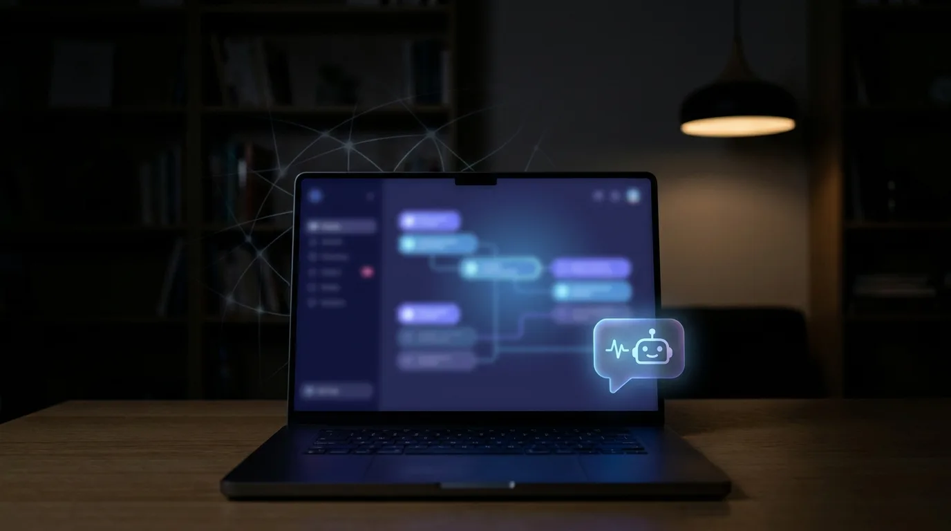 A laptop showing an abstract search results interface with a glowing AI chat overlay