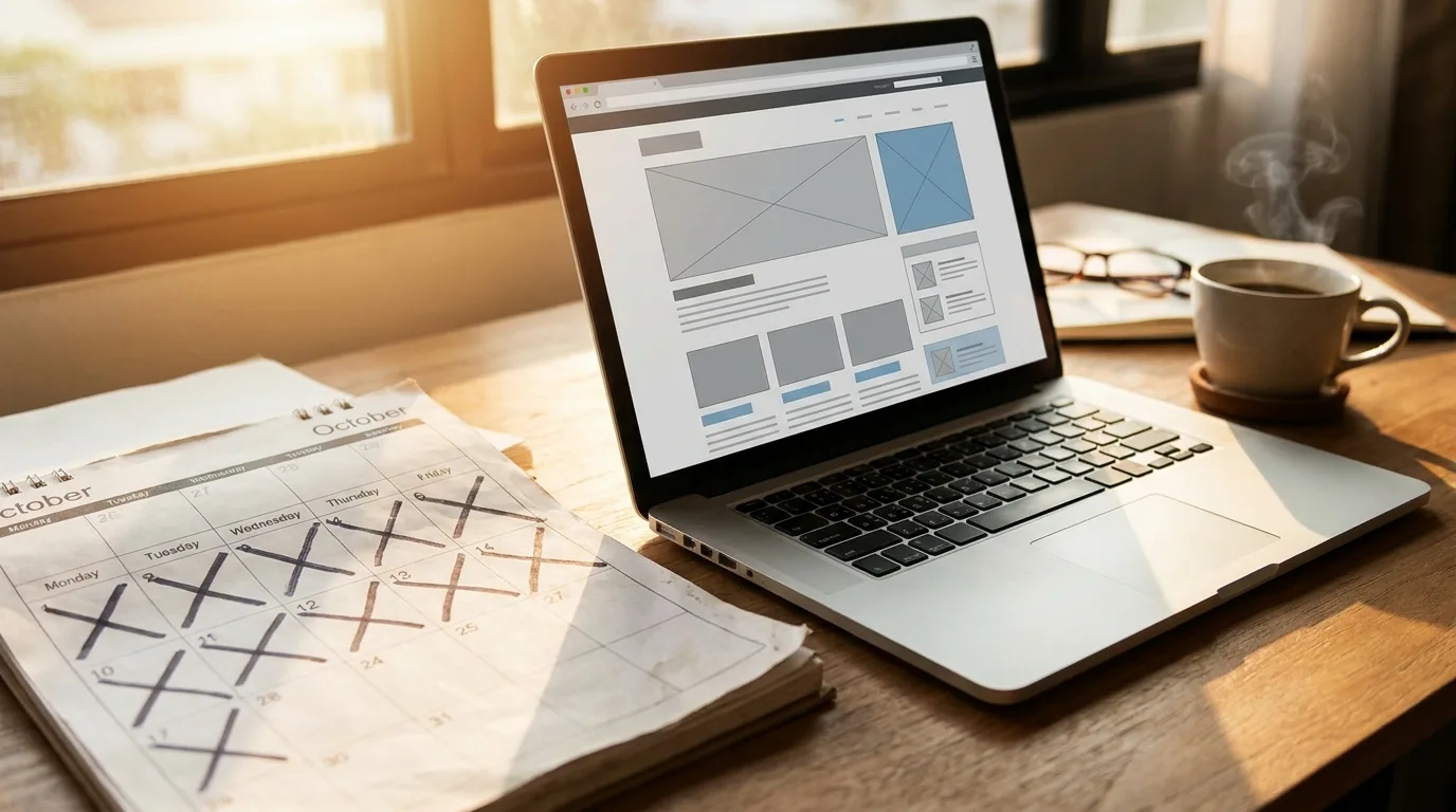 A desk calendar with weeks marked off beside a laptop showing a website design in progress
