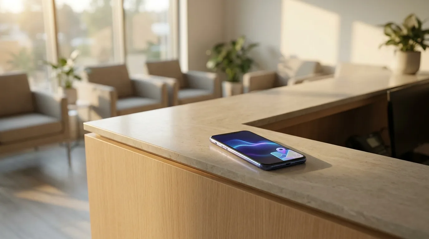 Modern clinic reception desk with a smartphone showing an AI chat assistant interface