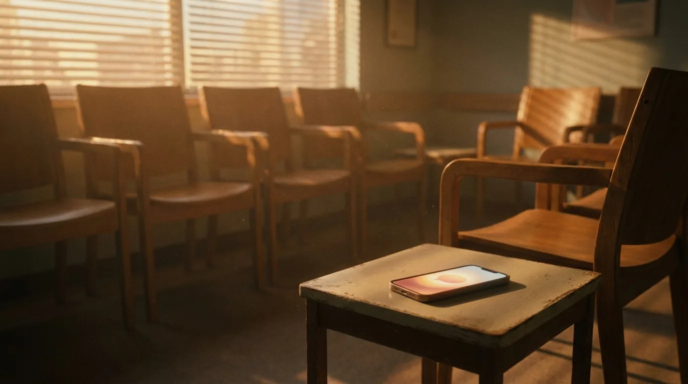 Empty clinic waiting room at golden hour with a smartphone showing a reminder notification