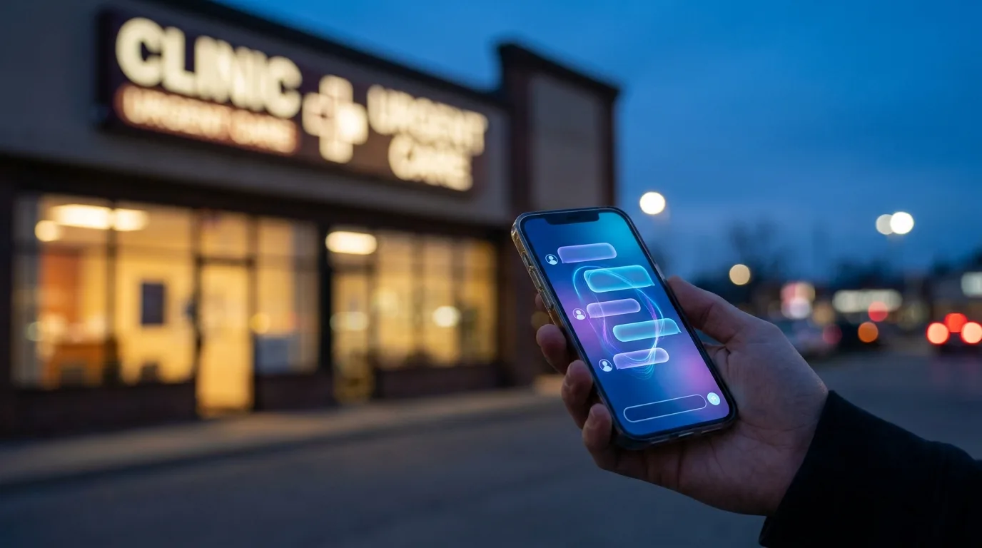 Smartphone displaying an AI chat assistant conversation with a blurred clinic exterior at dusk