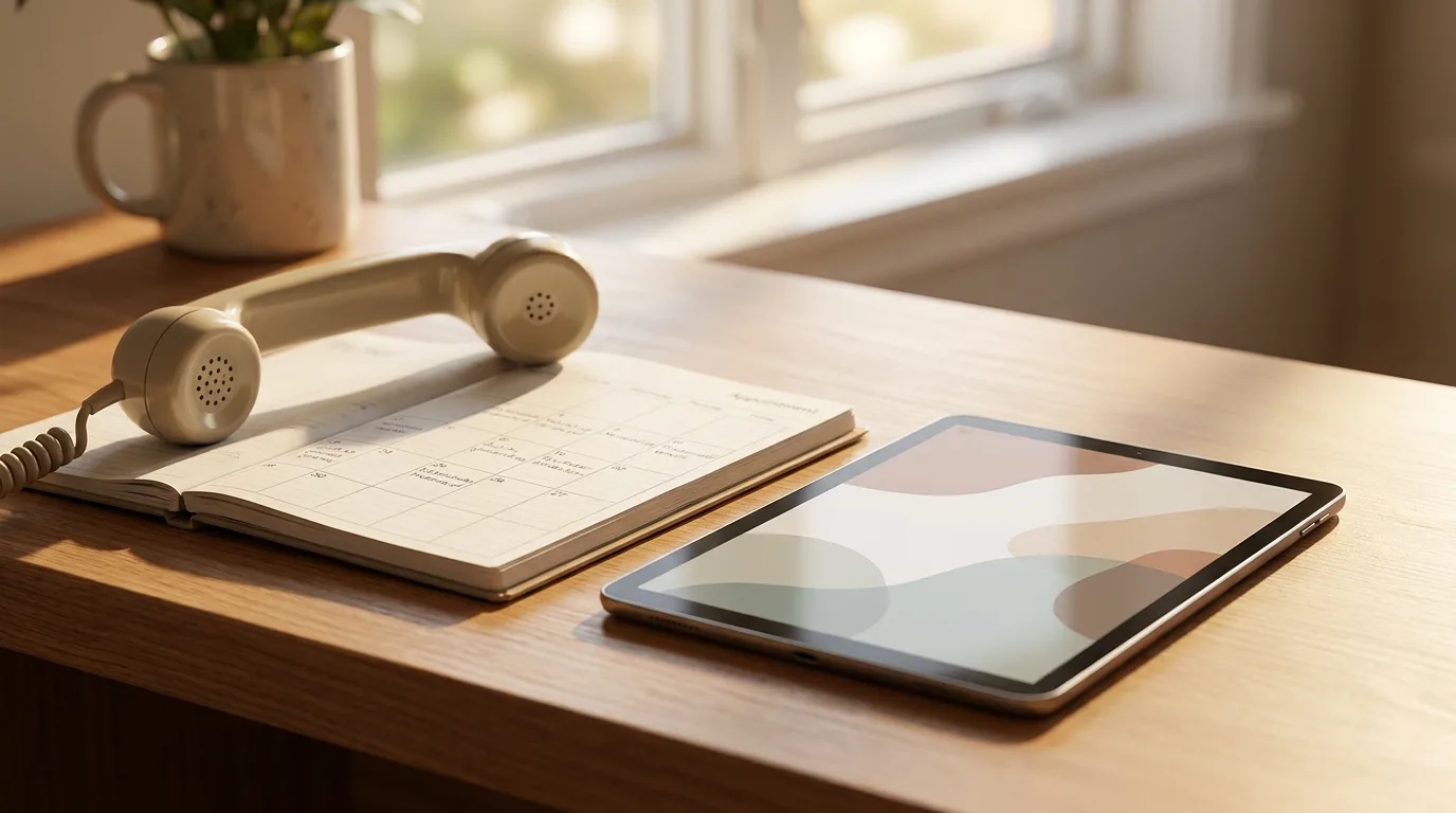 Dental office front desk phone and appointment calendar in warm afternoon light