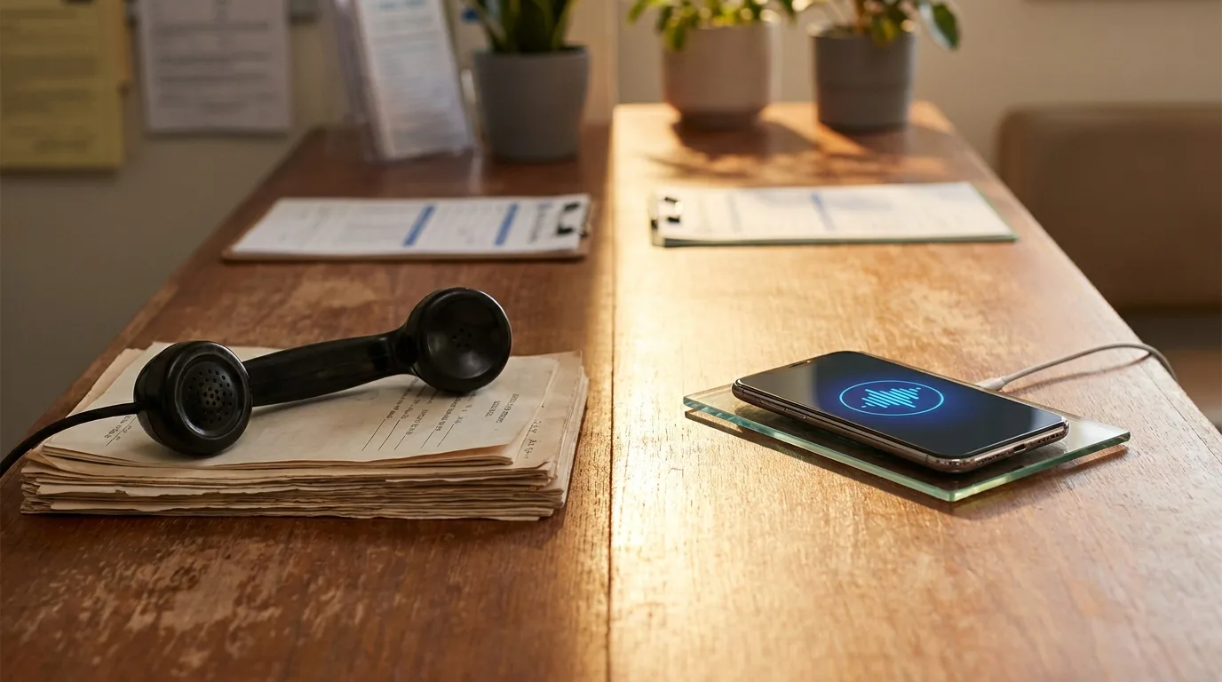 A vintage telephone handset beside a modern smartphone on a clinic reception counter