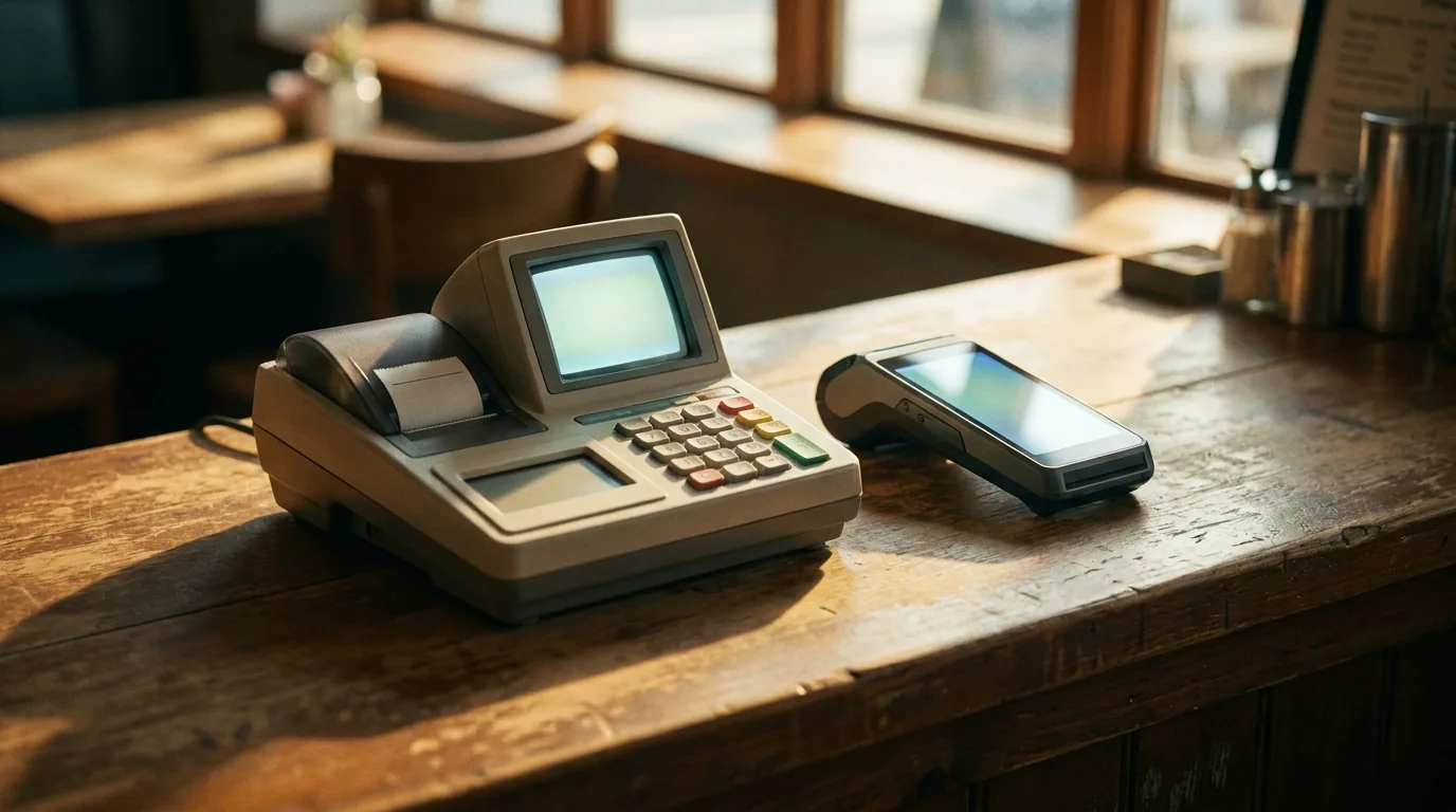 Two point-of-sale payment terminals side by side on a warm wood restaurant counter, one boxy all-in-one unit and one slim handheld reader