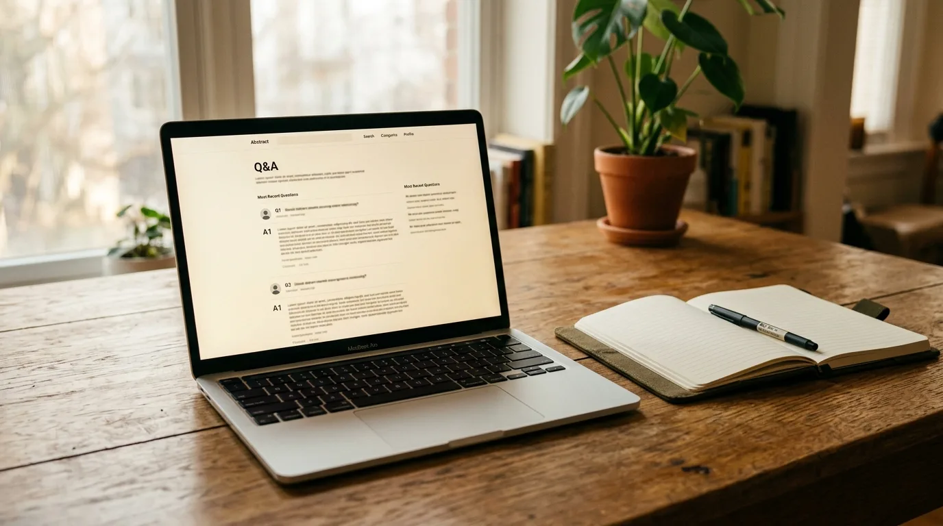 A laptop on a wooden desk showing a simple question-and-answer page layout
