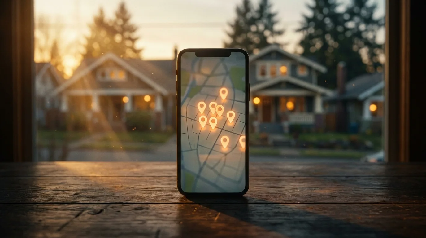 Smartphone glowing with a local map interface and orange location pins, held up against a warm dusk view of a Pacific Northwest residential street