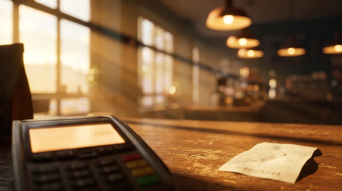 A payment terminal glowing on a restaurant counter beside a paper receipt, warm golden-hour light through the windows