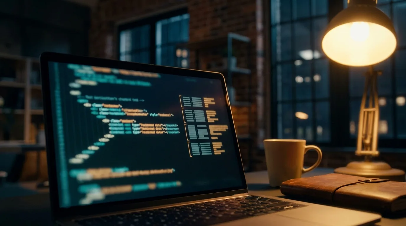 Laptop screen glowing with structured code blocks and nested data fields in a dark loft office at night