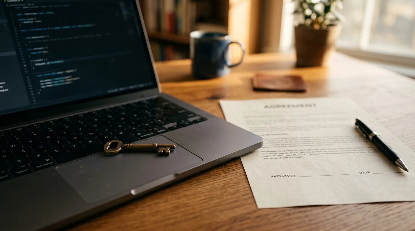 A small brass key resting on a laptop keyboard beside a printed contract