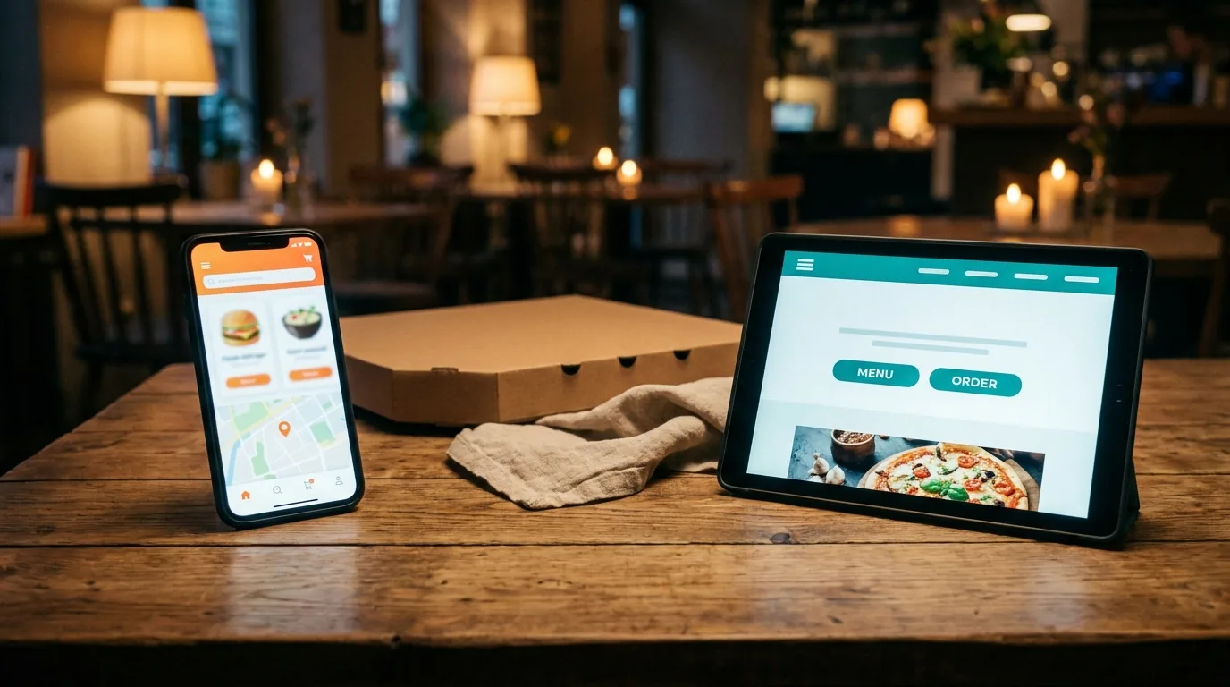 A smartphone showing a food delivery app beside a tablet showing a branded restaurant ordering site, on a restaurant table at dusk