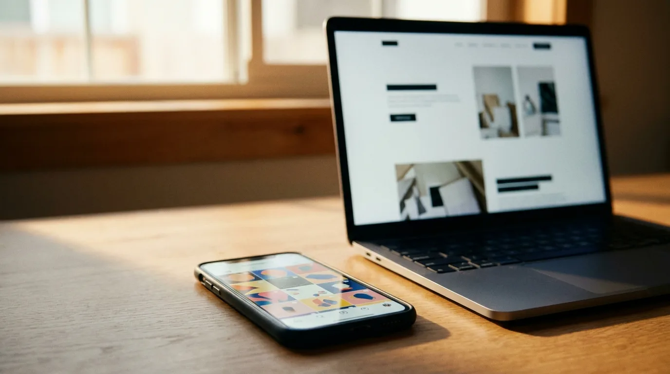 A smartphone showing a social media feed beside a laptop showing a simple business website