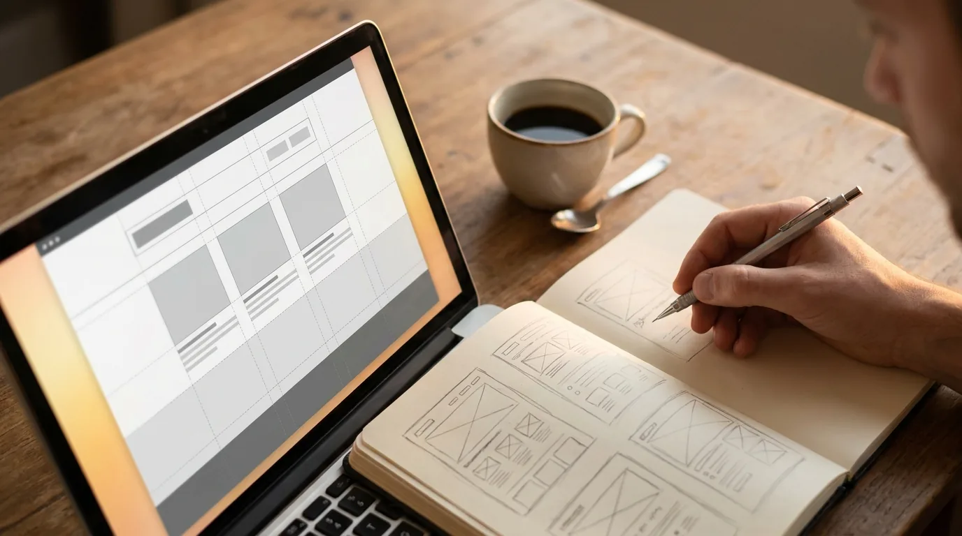 Laptop showing a drag-and-drop website builder template next to a hand-drawn wireframe sketch in a notebook, on a warm wood desk