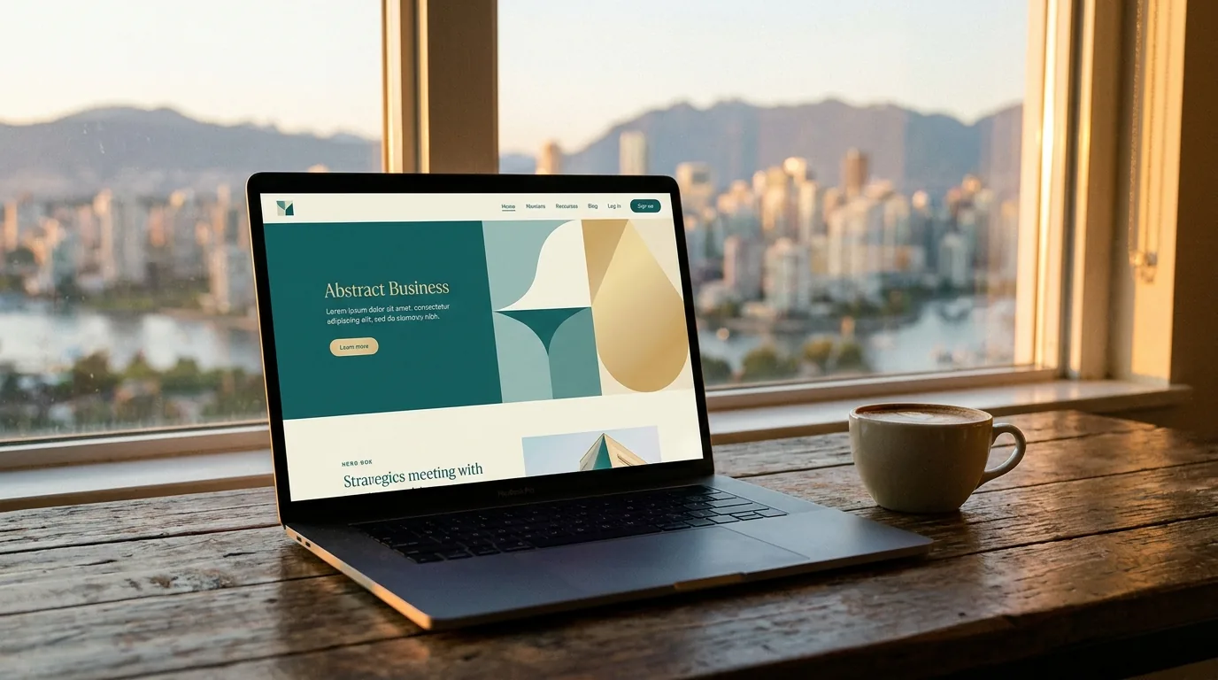 Laptop glowing with a clean business website design on a wooden desk, blurred Vancouver skyline and mountains through the window