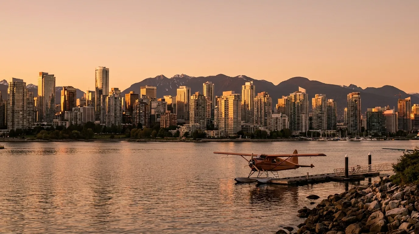 Vancouver skyline at golden hour with the North Shore mountains behind