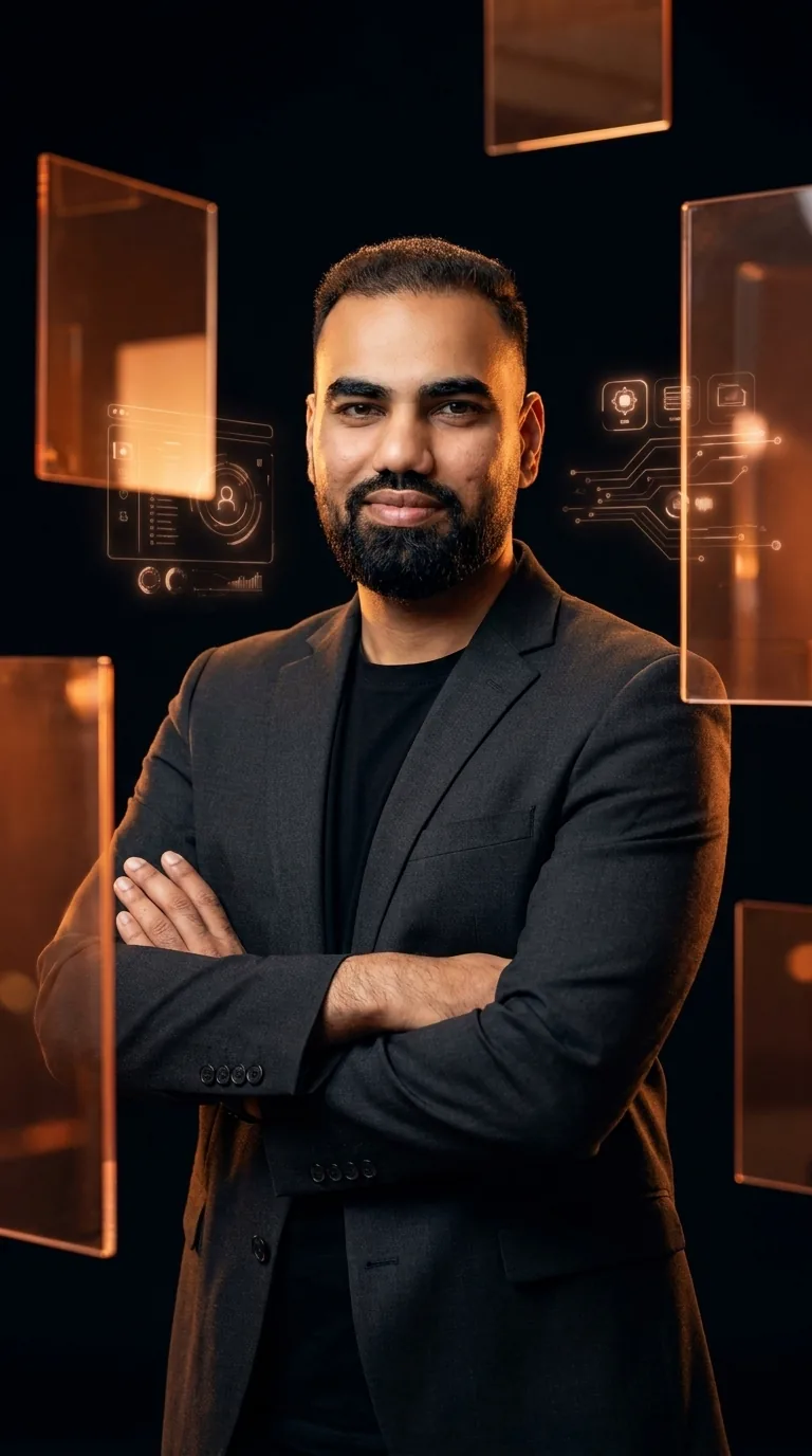Jazz Grewal, founder of Jazzed Technology, in a charcoal blazer among warm copper glass panels