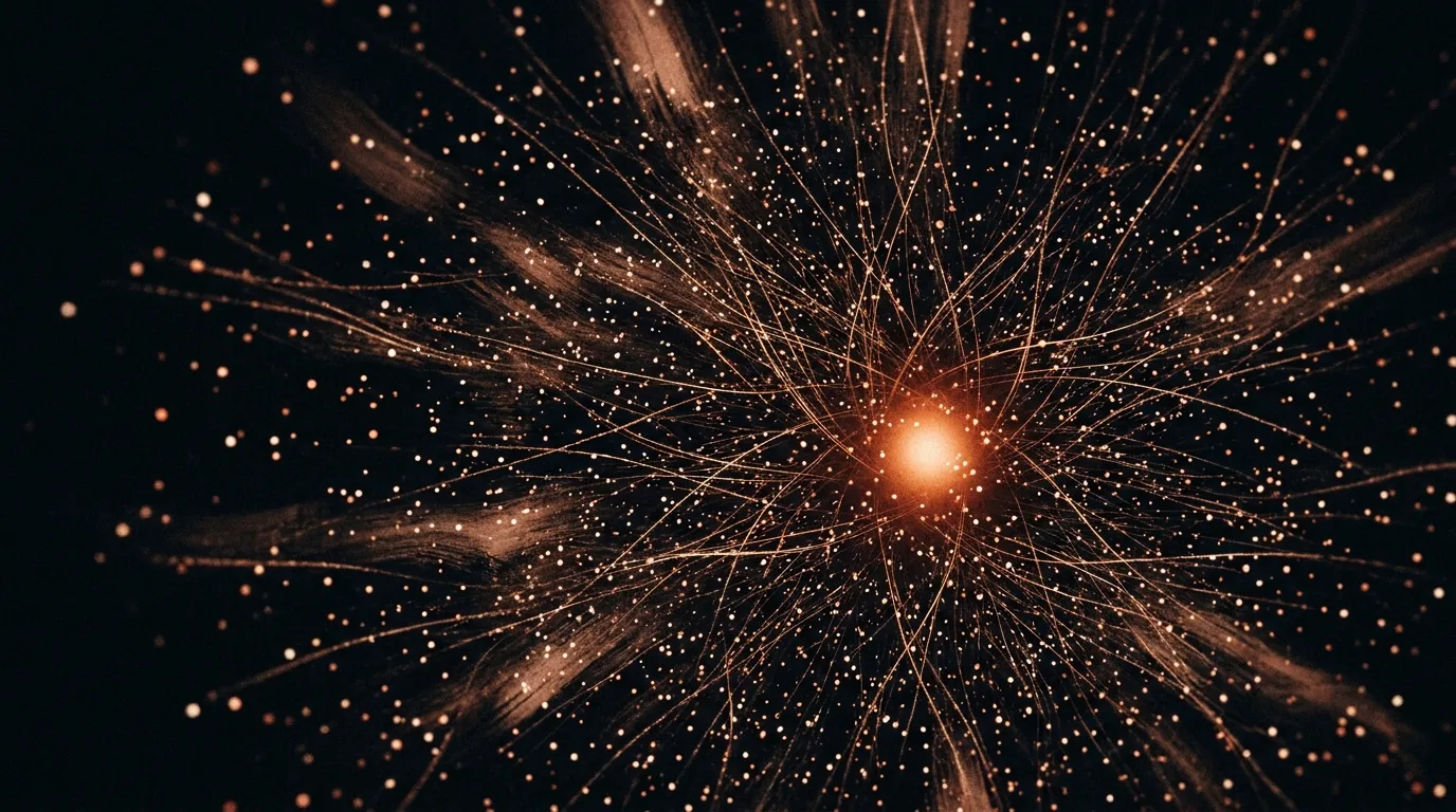 Constellation of luminous nodes converging toward a single radiant point