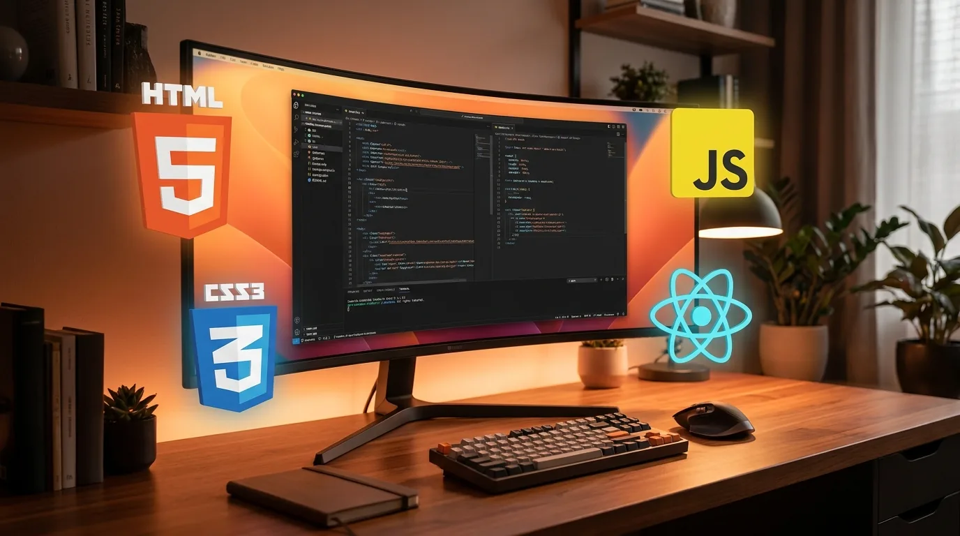 Studio desk with a monitor showing a clean website layout