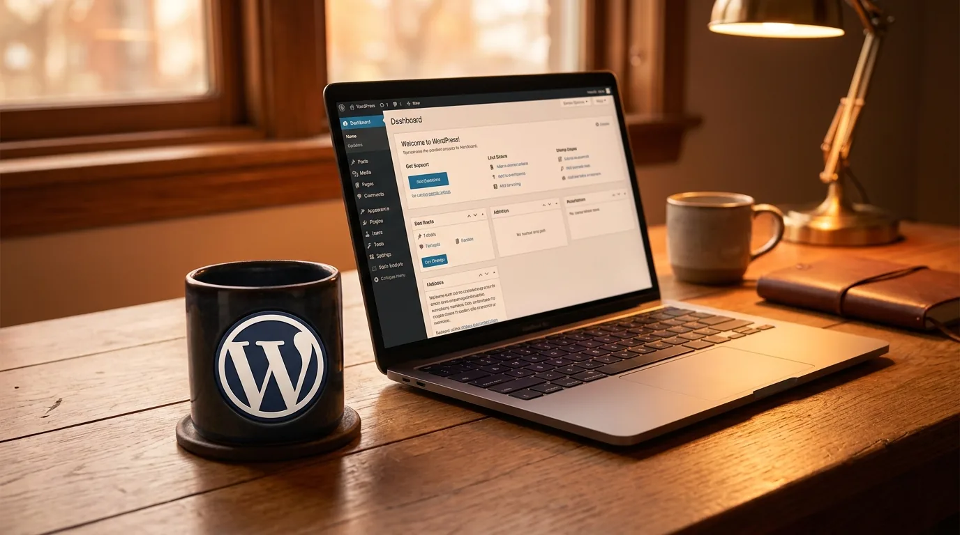 Laptop showing a clean blog-style page layout on a cozy desk