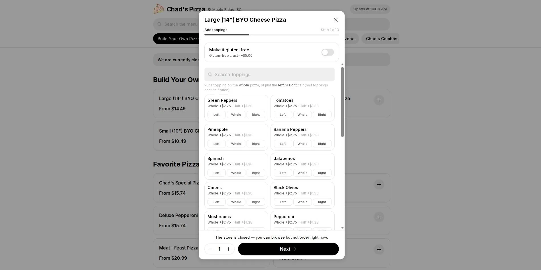 The Build Your Own Pizza topping customizer, showing left/whole/right half-topping placement and a gluten-free crust toggle