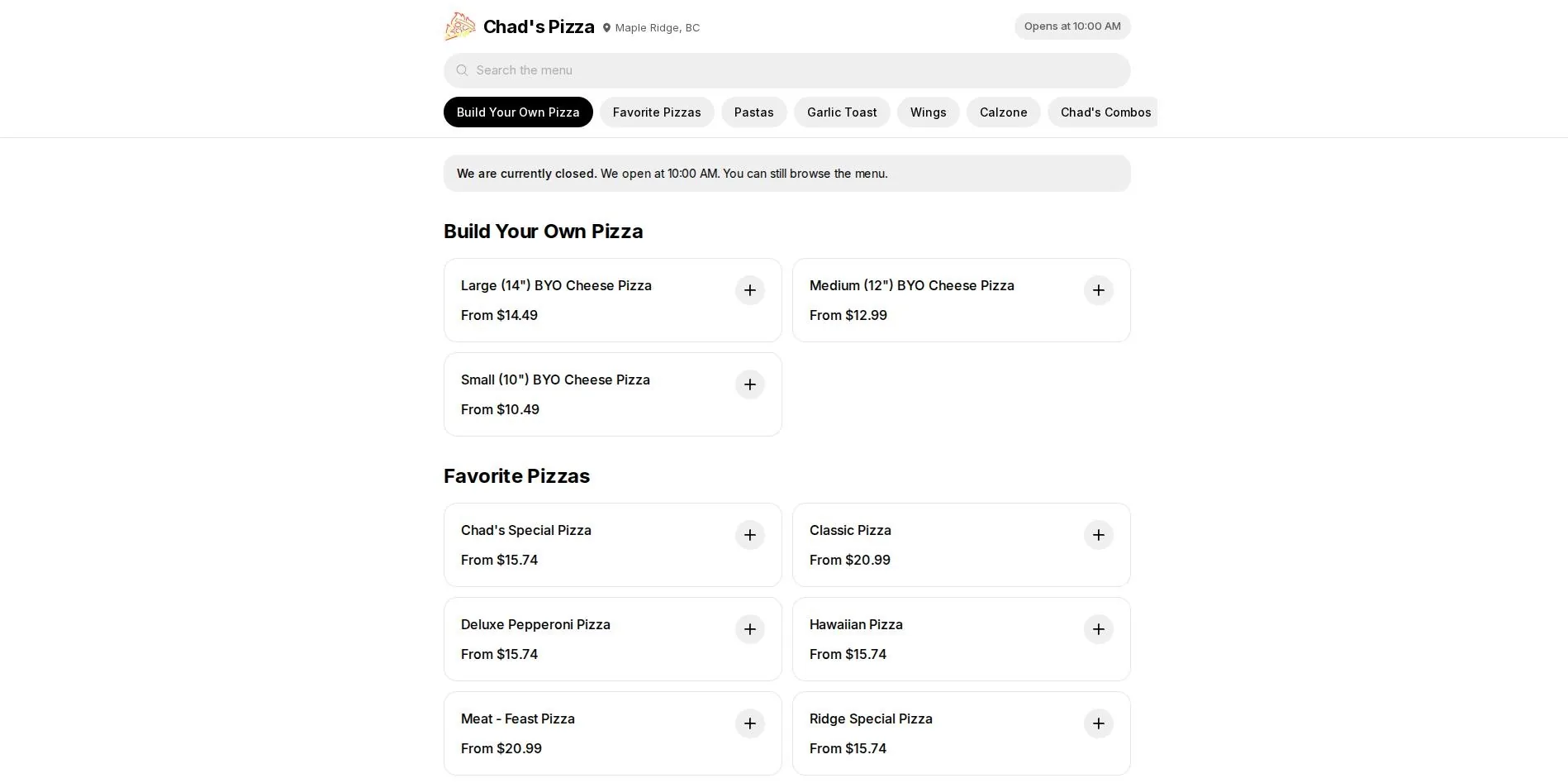 Chad's Pizza online ordering menu — Build Your Own Pizza and Favorite Pizzas categories with sticky navigation