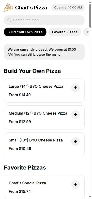 Chad's Pizza ordering site on a mobile phone, showing the responsive menu layout