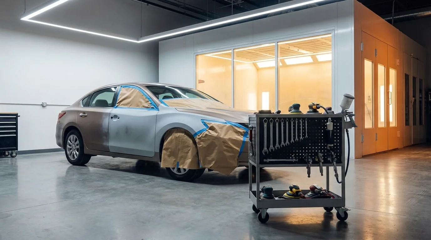 Auto body repair bay with a masked vehicle mid-repair under soft LED light