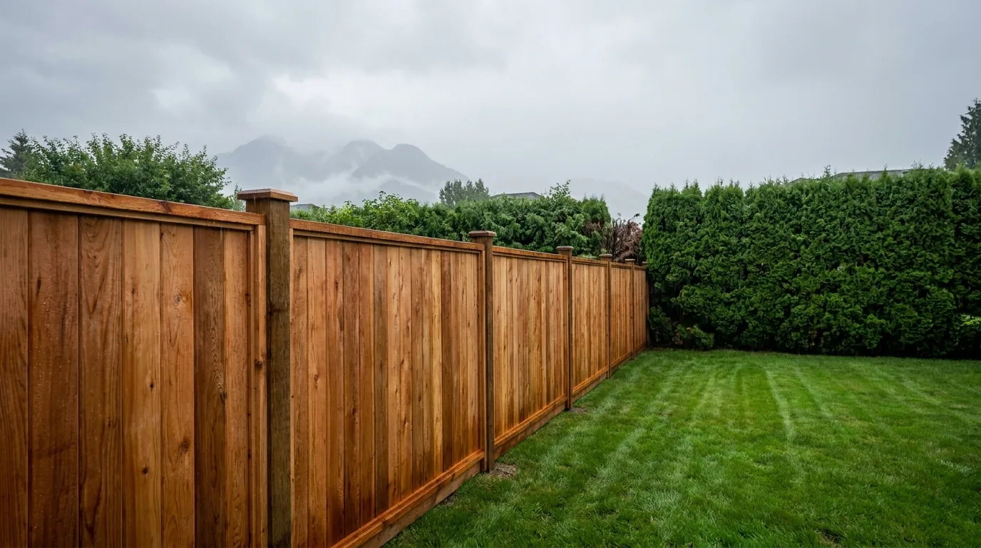New cedar fence line along a Fraser Valley backyard with misty mountains beyond